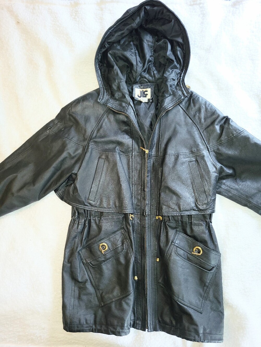 Vintage 90's JLC Black Genuine Leather Hooded Oversized Parka Jacket Size Medium
